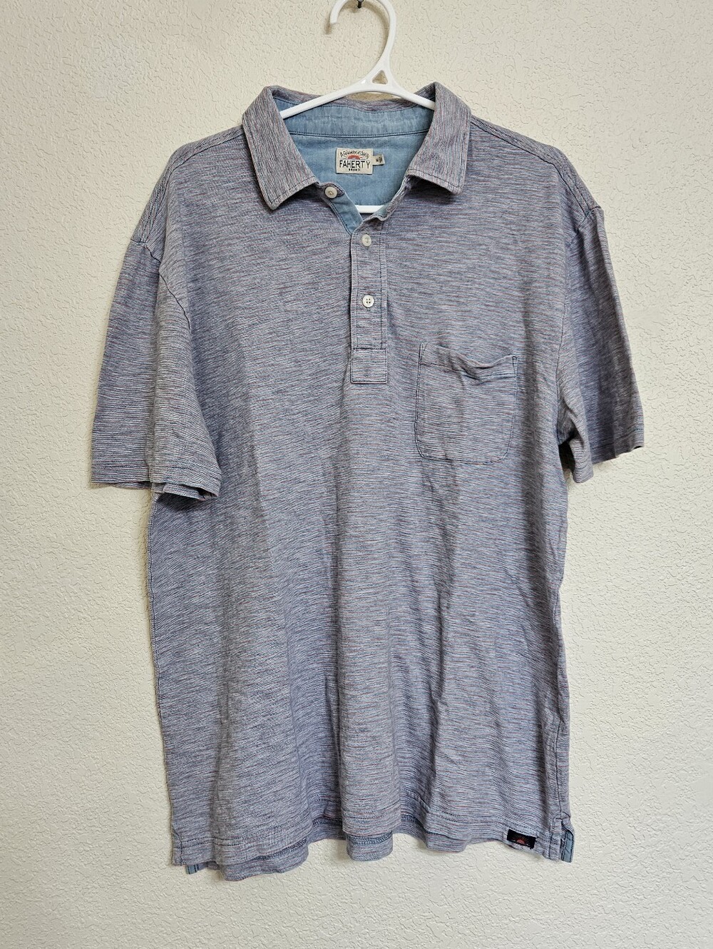 Faherty Brand Mens Medium Indigo Dyed Cotton Slub Polo Shirt Blue Red Stripe